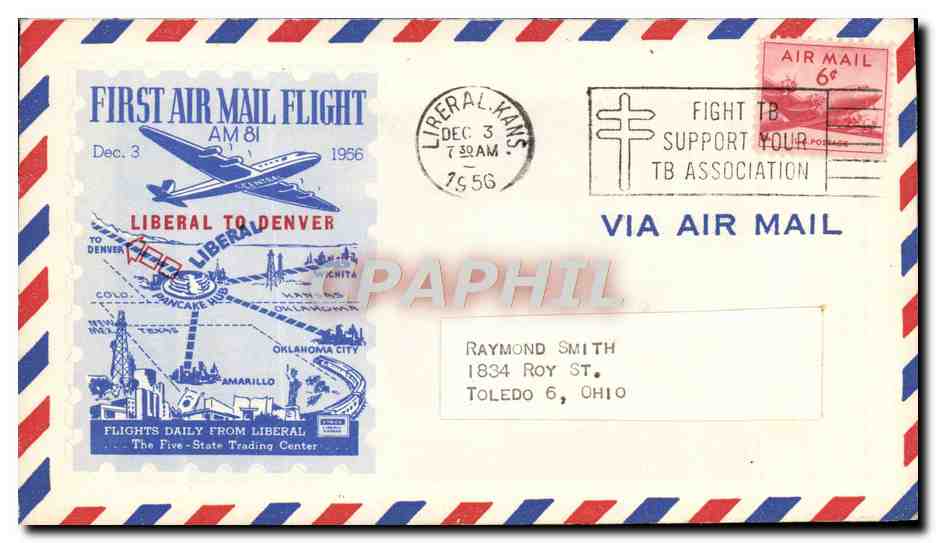 Erster Luftpostflug — Liberal nach Denver — 3. Dezember 1956 — Oklahoma City Post Office