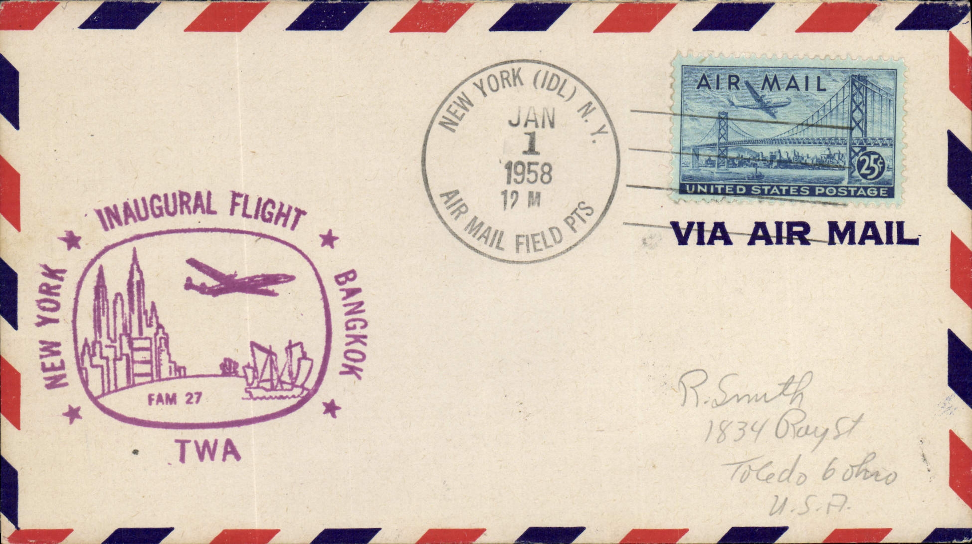 New York - Bangkok — inaugurale vlucht TWA — 1 januari 1958 — TWA