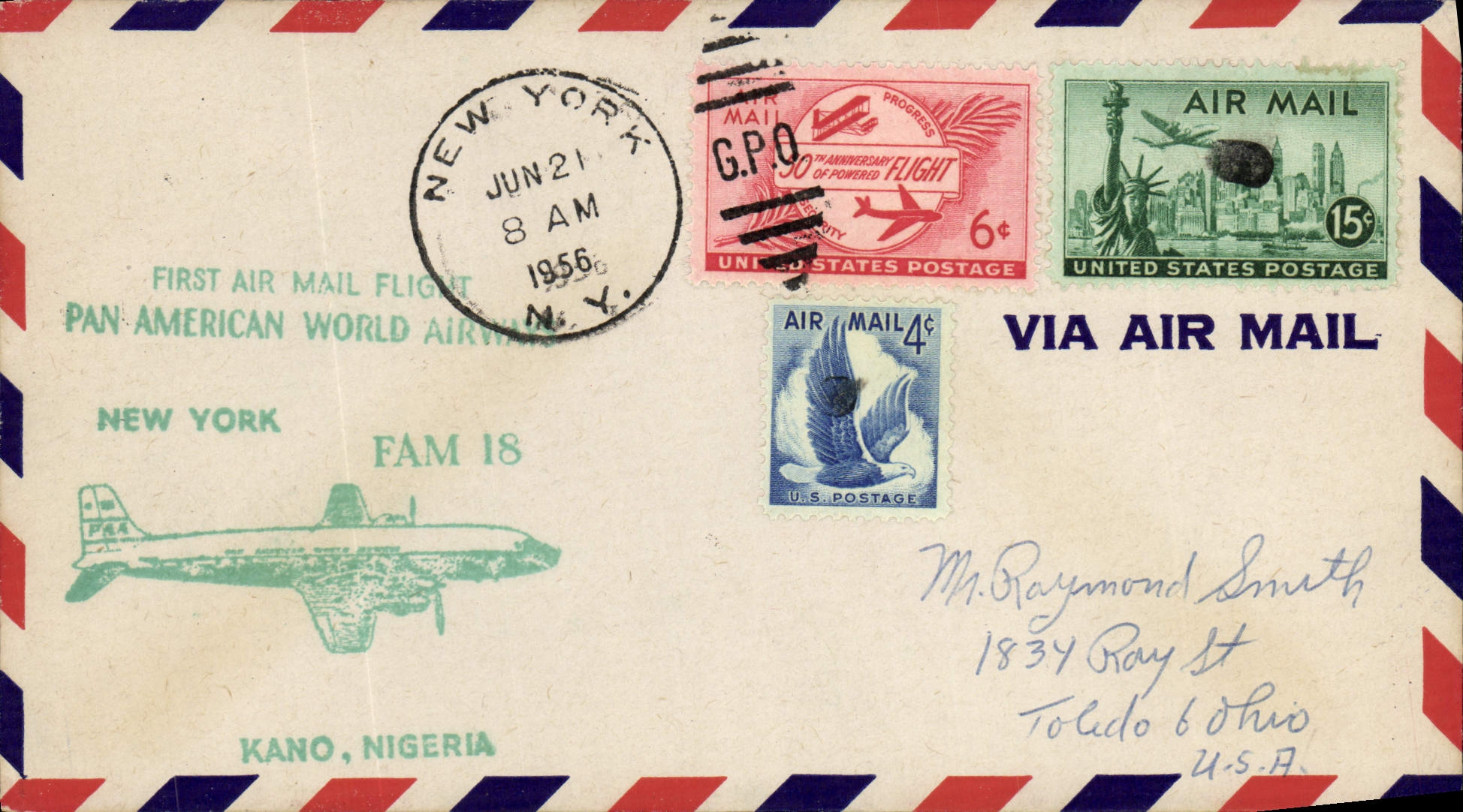 New York — eerste luchtbrief van Pan American World Airways — G.P.O. New York
