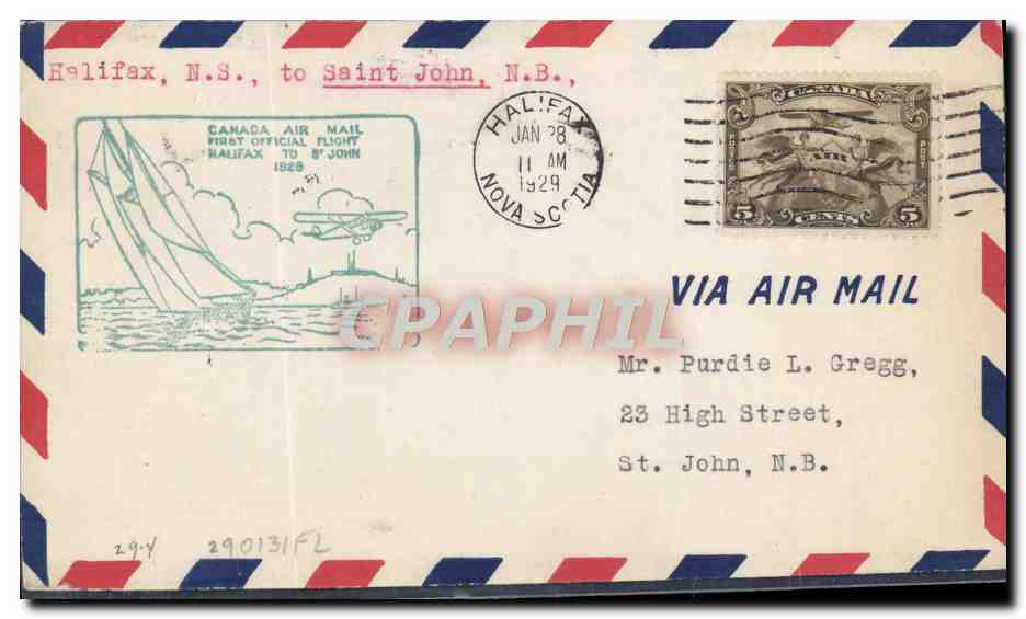 Lettre Canada 1st Flight Halifac to Saint John 28 1 1929