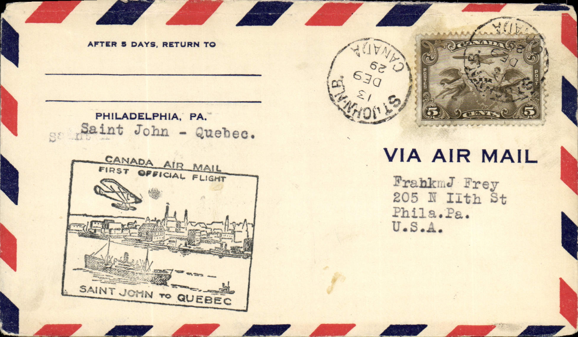 Lettre Canada 1st Flight Saint John Quebec 9 12 1929