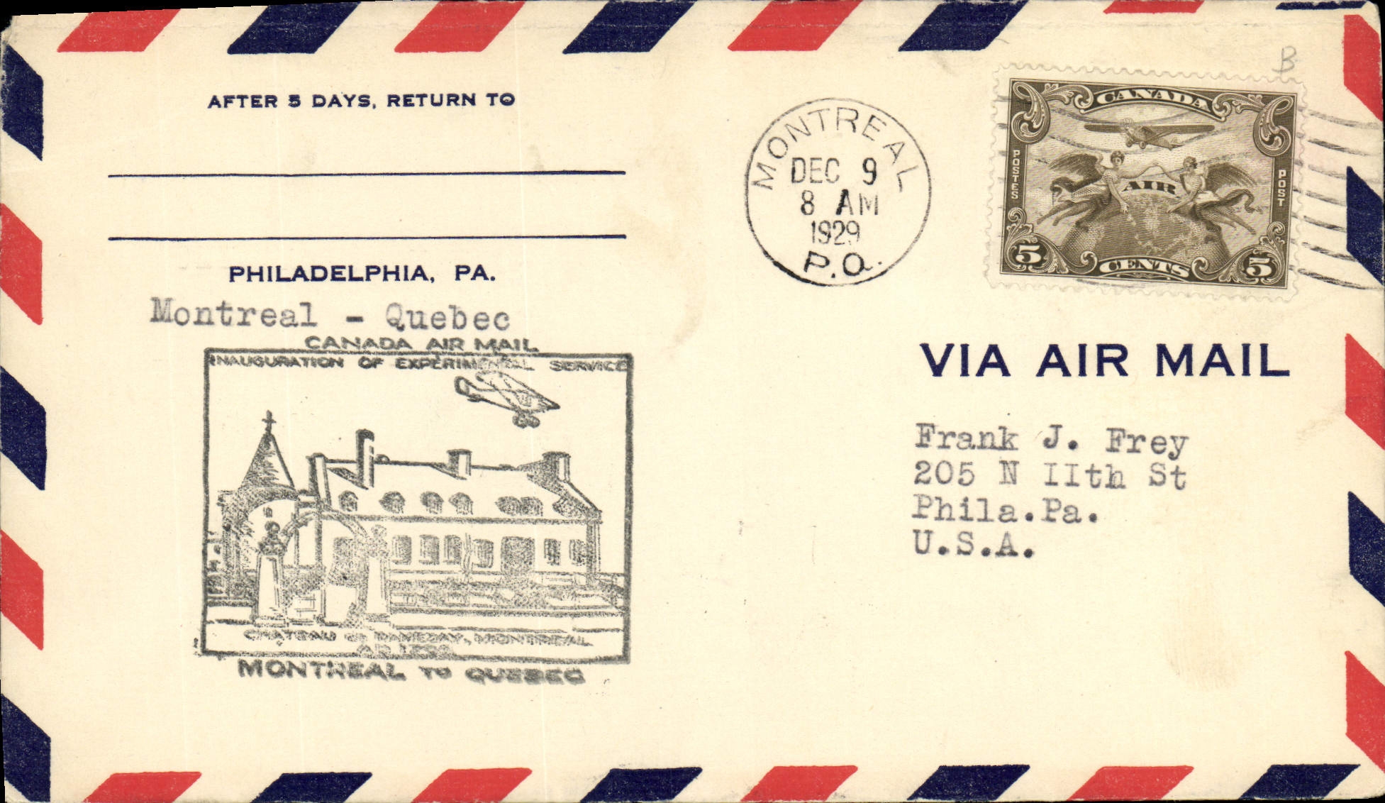 Lettre Canada 1st Flight Montreal Quebec 9 12 1929
