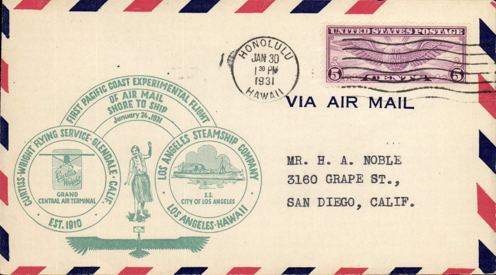 Première traversée aérienne Pacifique — Los Angeles à Honolulu — via Air Mail — 30 janvier 1931