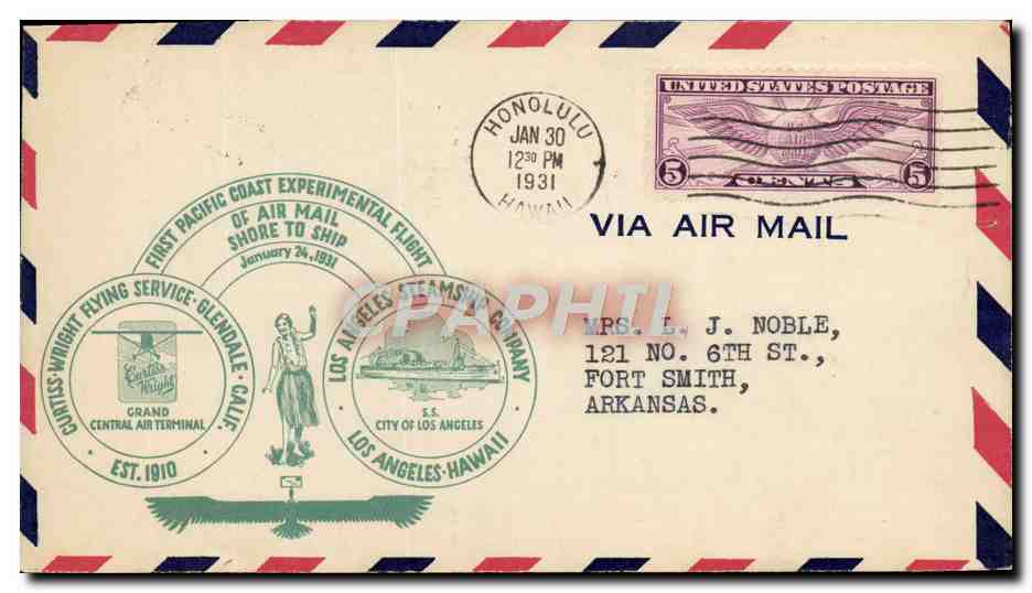 Premier vol aérien transpacifique — Honolulu — 1931 — via Air Mail