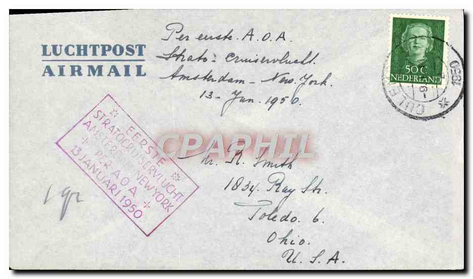 Lettre Paus Bas 1er Vol Amsterdam New York 13 1 1950