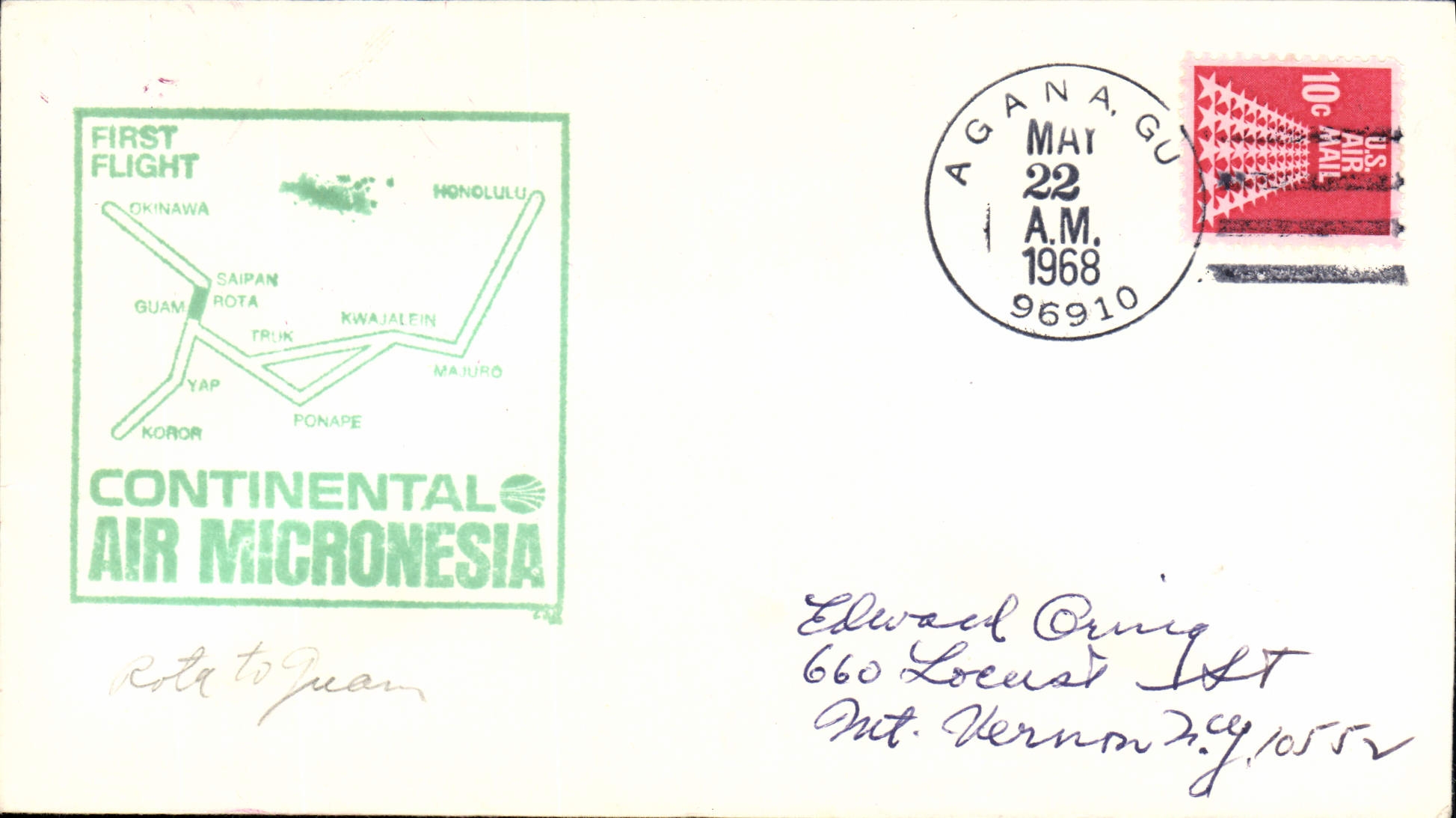 Lettre Etats Unis 1st Flight Air Micronesia 22 5 1968 Honolulu Agana 