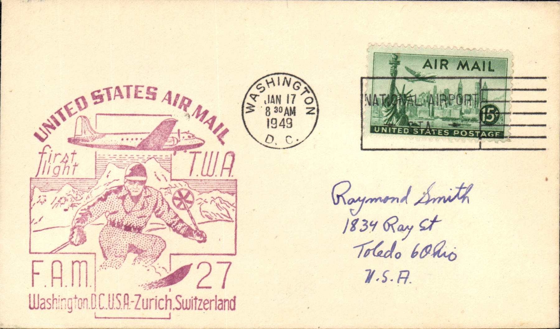 First flight Washington D.C.-Zurich — T.W.A. — 17 January 1949 — F.A.M. 27