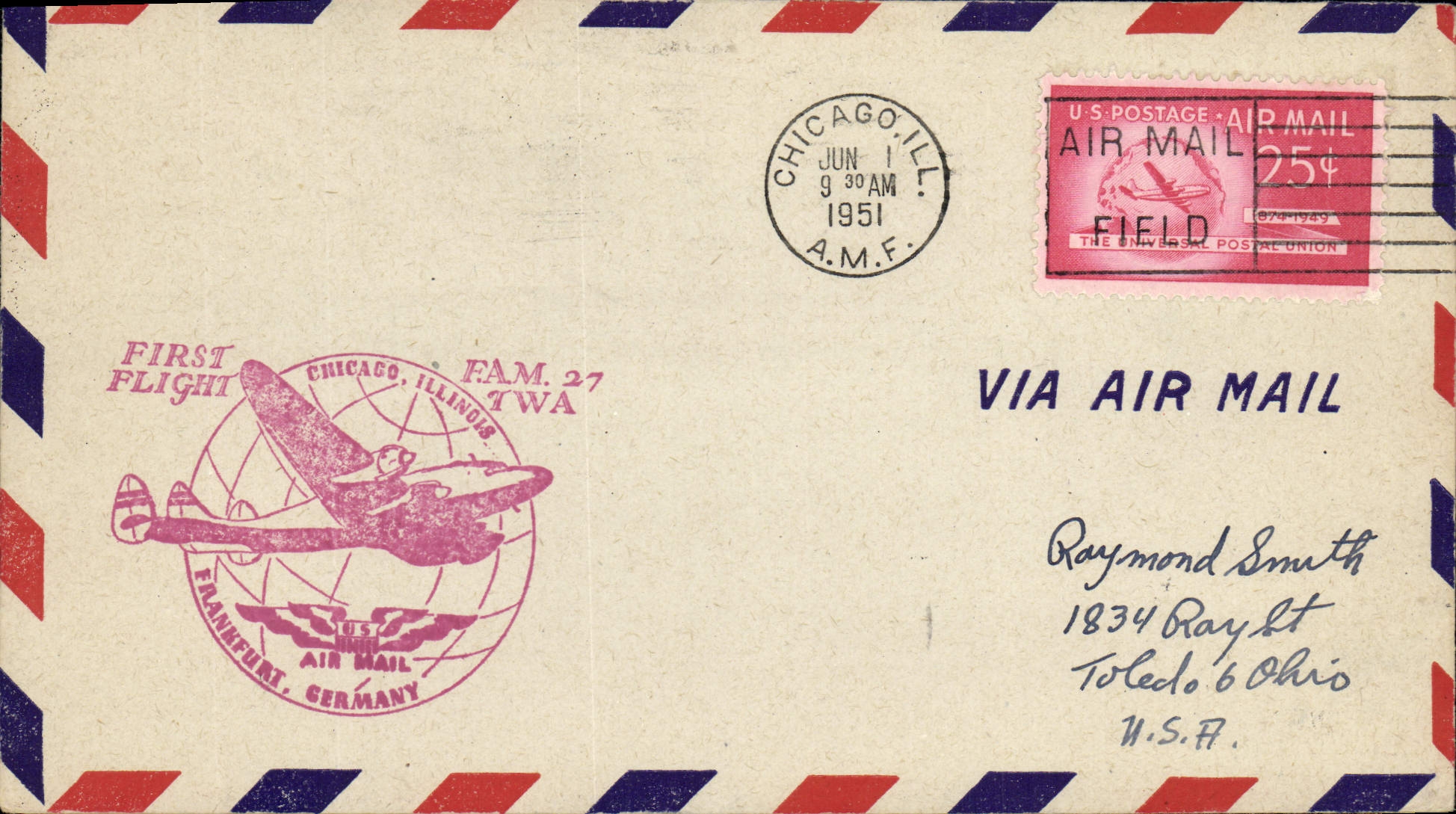 Erster Flug Chicago - Frankfurt — TWA — Verlag The Universal Postal Union, Serie-Nr. 27