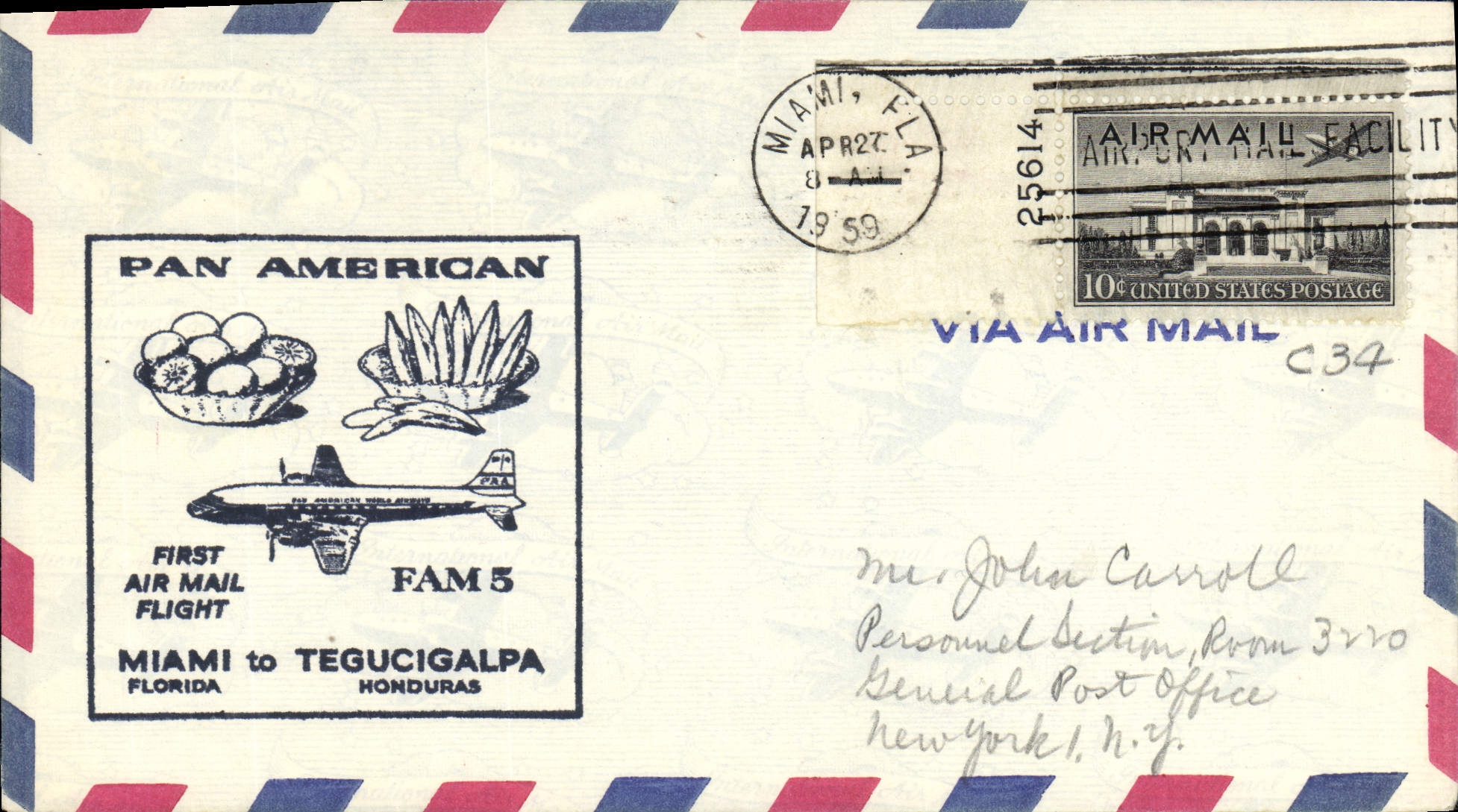 First flight Miami-Tegucigalpa — Pan American — FAM 5 — Miami, Florida