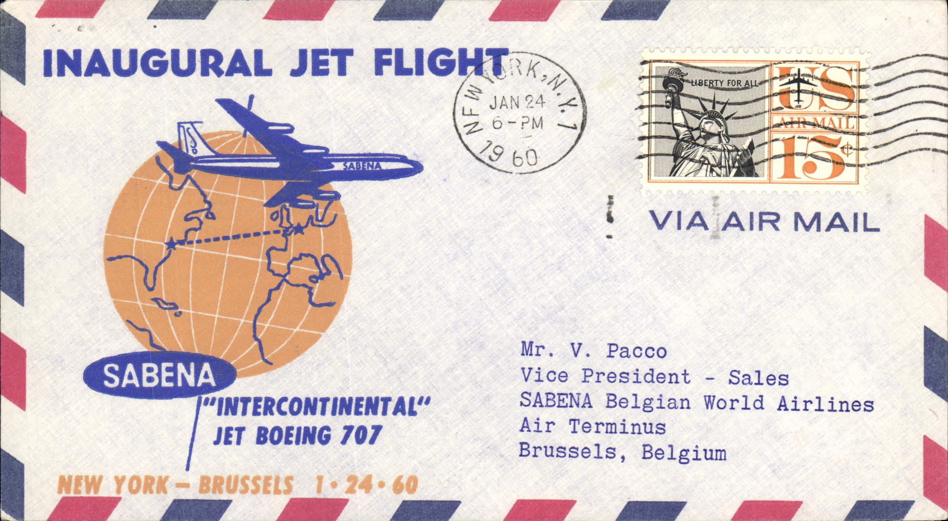 Inaugural Jet Flight — Sabena Intercontinental Jet Boeing 707 — New York - Brussels 1.24.60