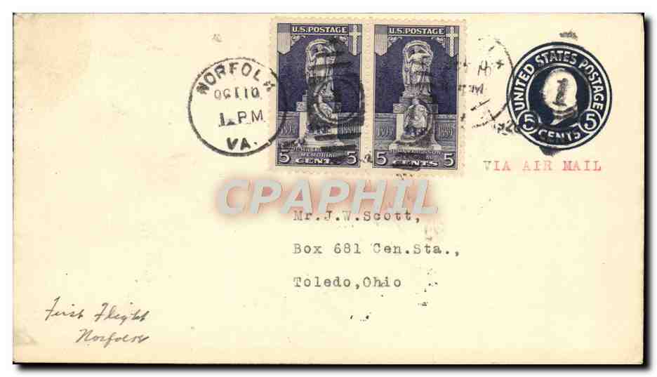 Lettre Etats Unis 1st Flight Norfolk to Toledo 10 10 