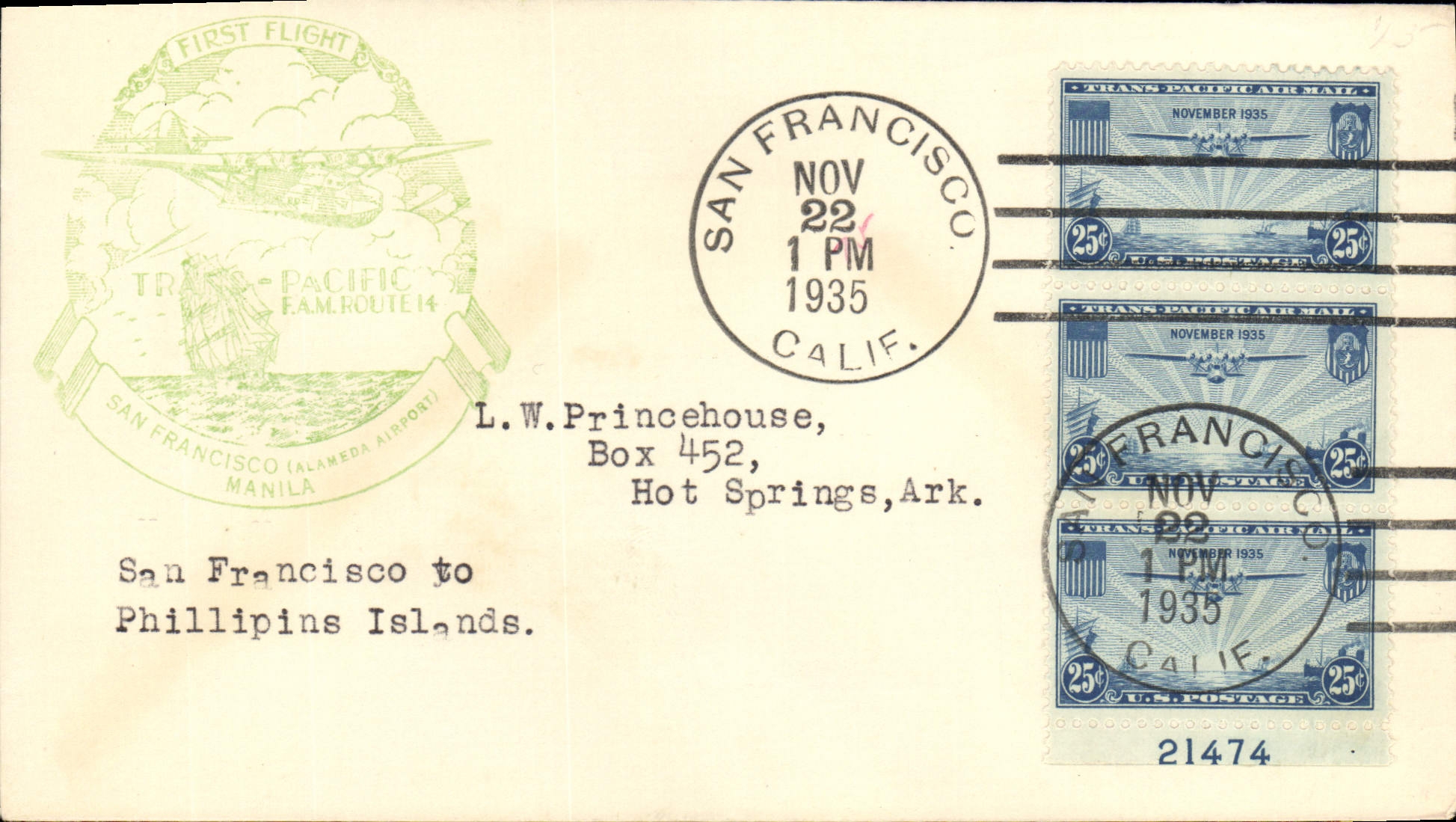 Premier vol San Francisco-Manila — Trans-Pacific Air Mail — éditeur : Trans-Pacific Air Mail, n° de série 21474