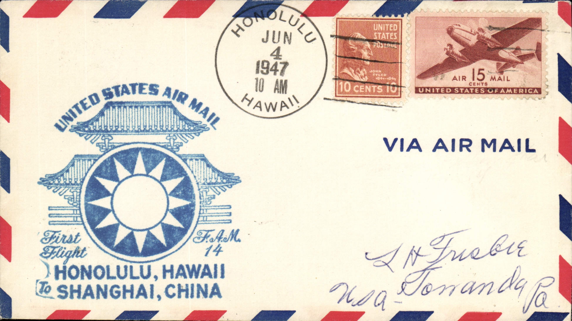 First flight Honolulu, Hawaii — Shanghai, China — United States Air Mail