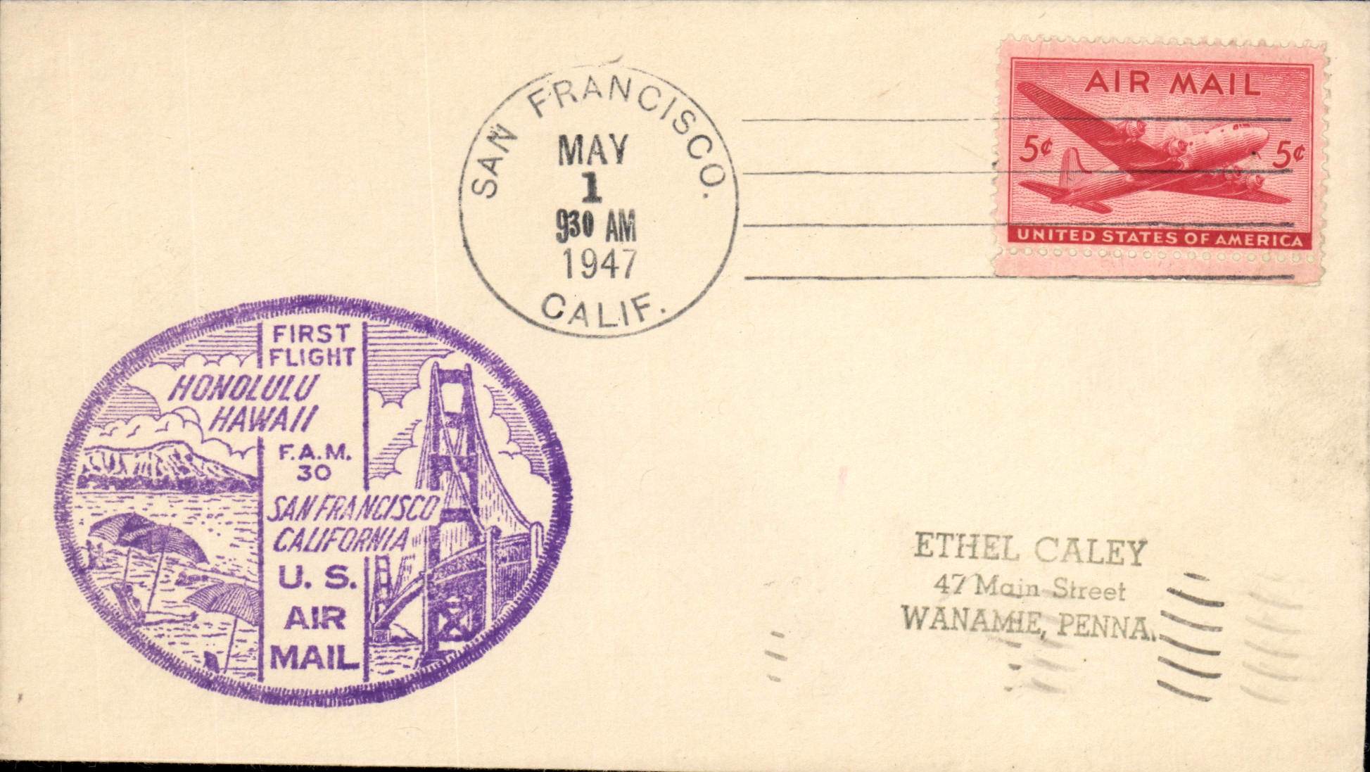 Erster Flug San Francisco-Honolulu — 1. Mai 1947 — Verlag U.S. Air Mail