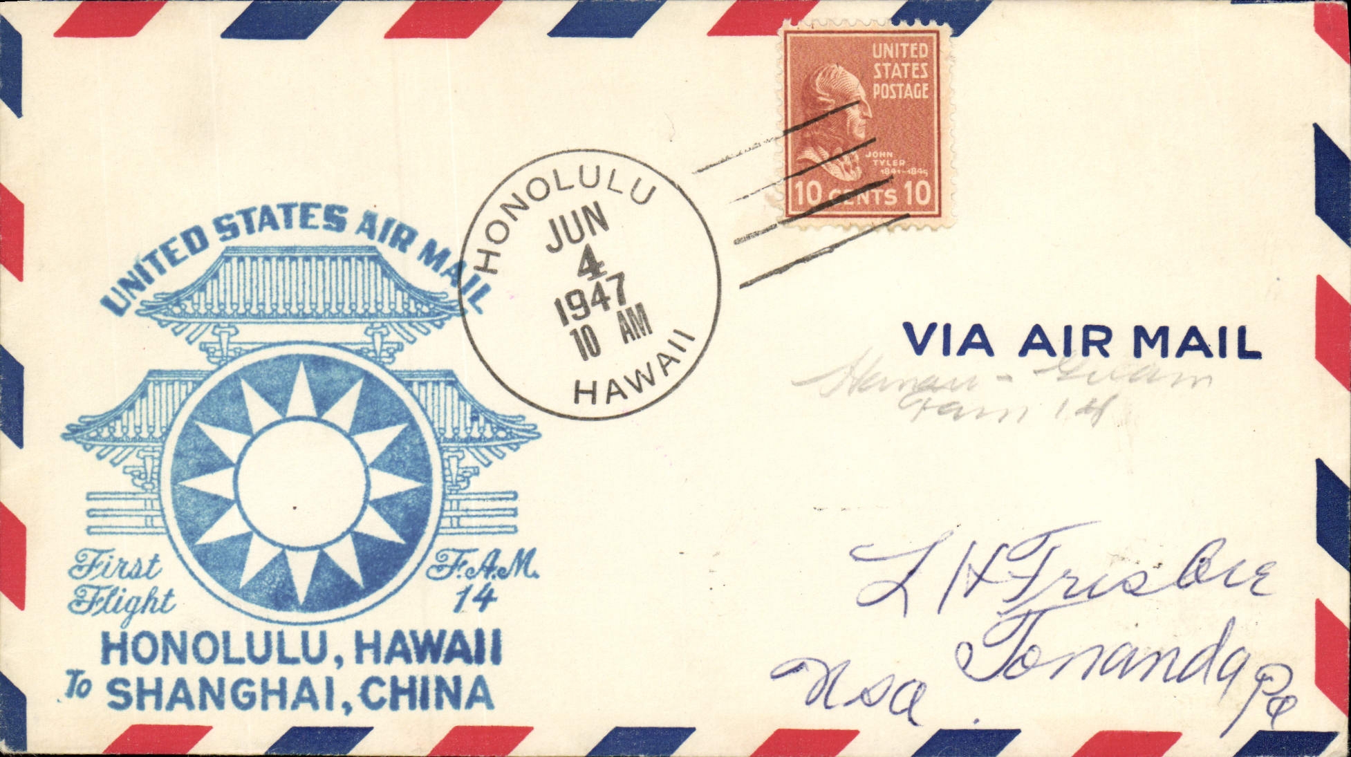 Lettre Etats Unis 1st Flight Honolulu Hawaii Shanghai Chian 4 6 1947