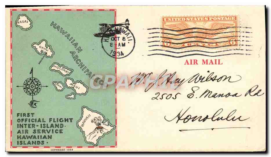 Lettre Etats Unis 1st Flight Hawaiian islands 8 10 1934