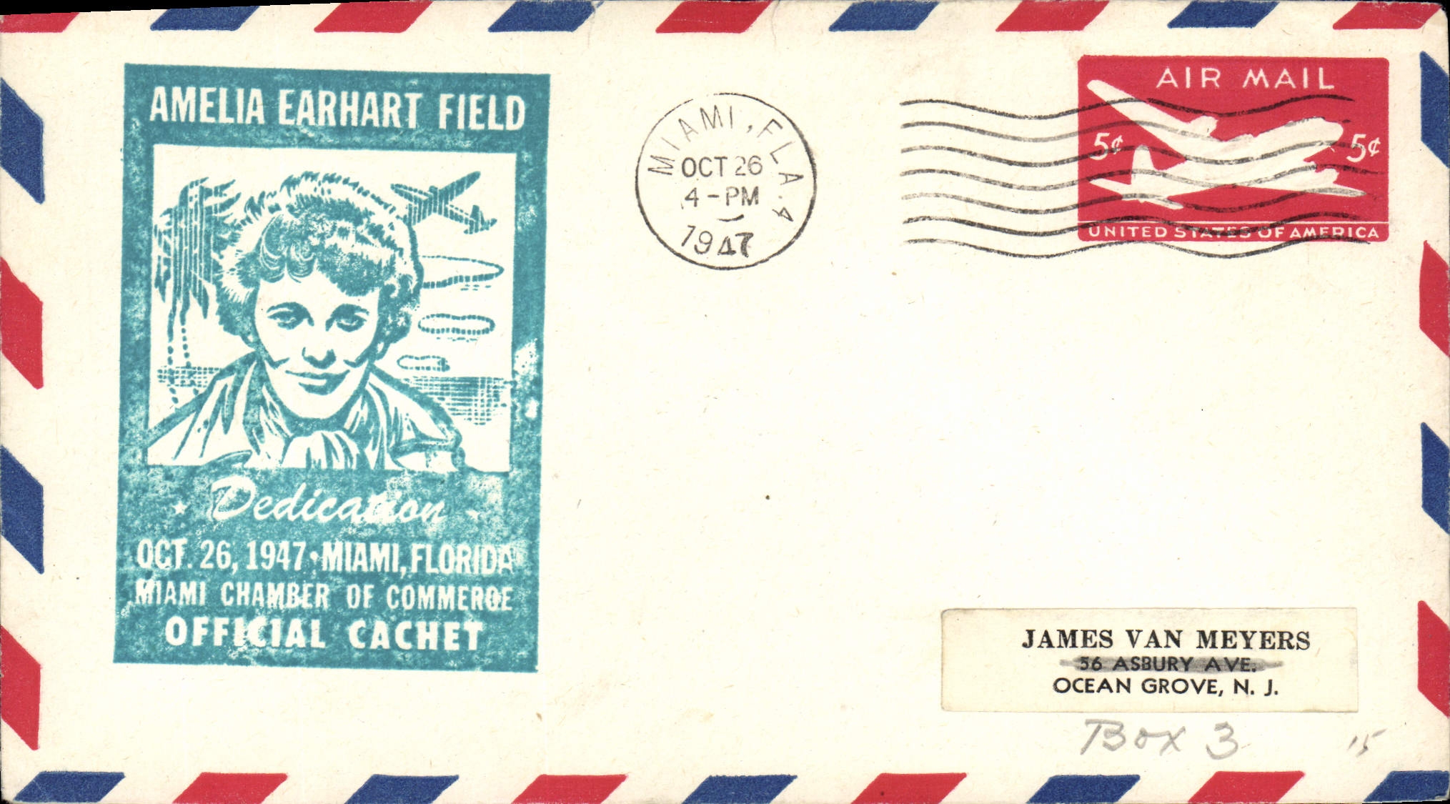 Lettre Etats Unis 1st Flight Amelia earhart Field Miami Florida 26 10 1947 