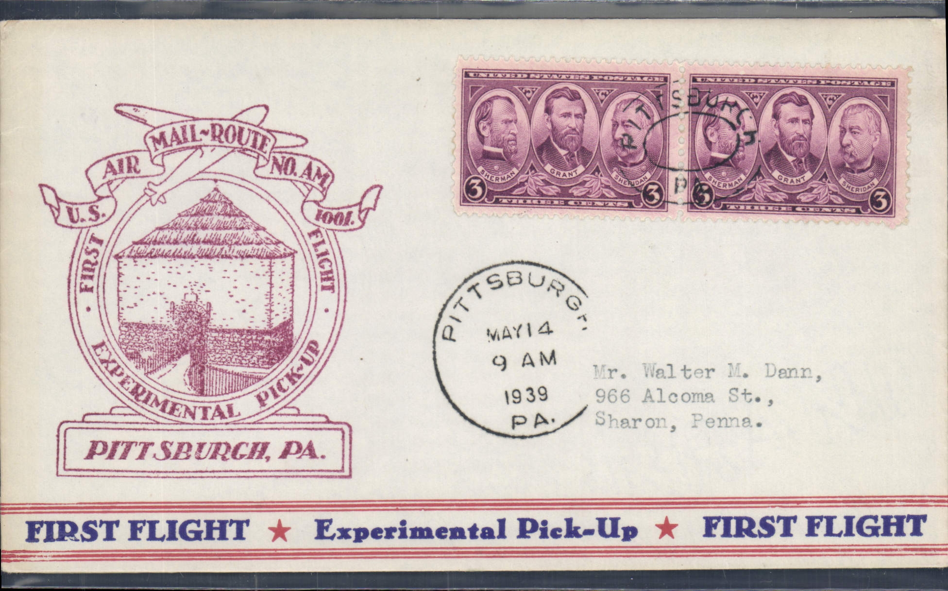 Premier vol de la route aérienne américaine — Pick-up expérimental à Pittsburgh — U.S. Air Mail Route No. 1001