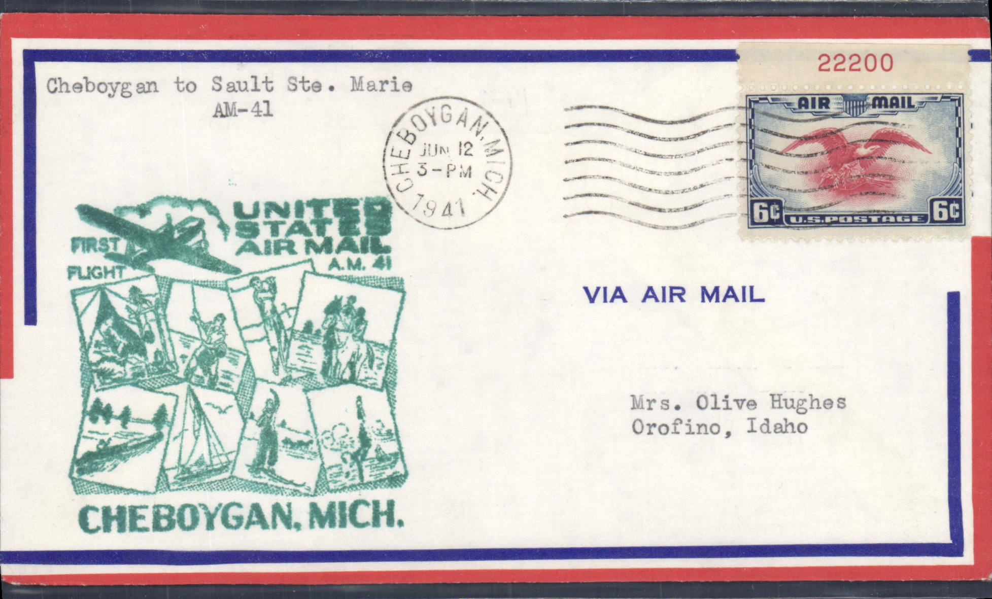 Eerste vlucht van Cheboygan naar Sault Ste. Marie — United States Air Mail A.M. 41 — uitgever niet zichtbaar