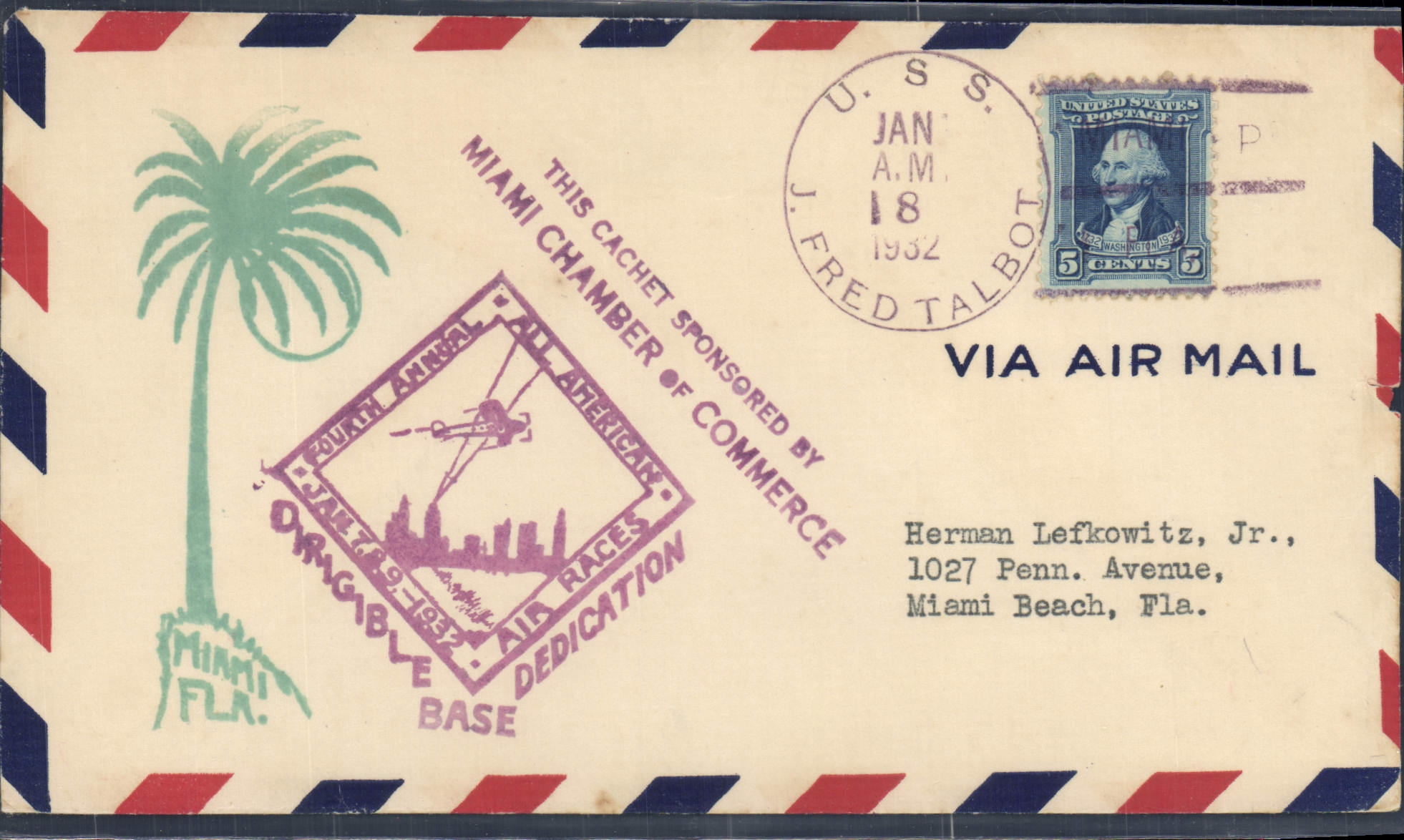 Miami Beach — Quatrième Annuel des Courses Aériennes Américaines — Cachet sponsorisé par la Chambre de Commerce de Miami
