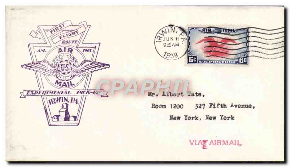 Lettre Etats Unis 1st flight Irwin 11 6 1939