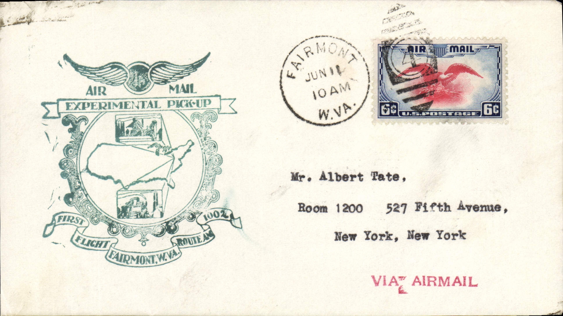 Fairmont, W.Va. — Eerste experimentele luchtaanlevering — 6c Air Mail