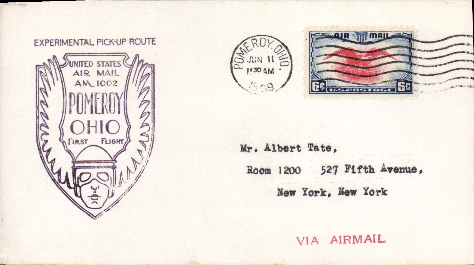 Lettre Etats Unis 1st flight Pomeroy Ohio 11 6 1939
