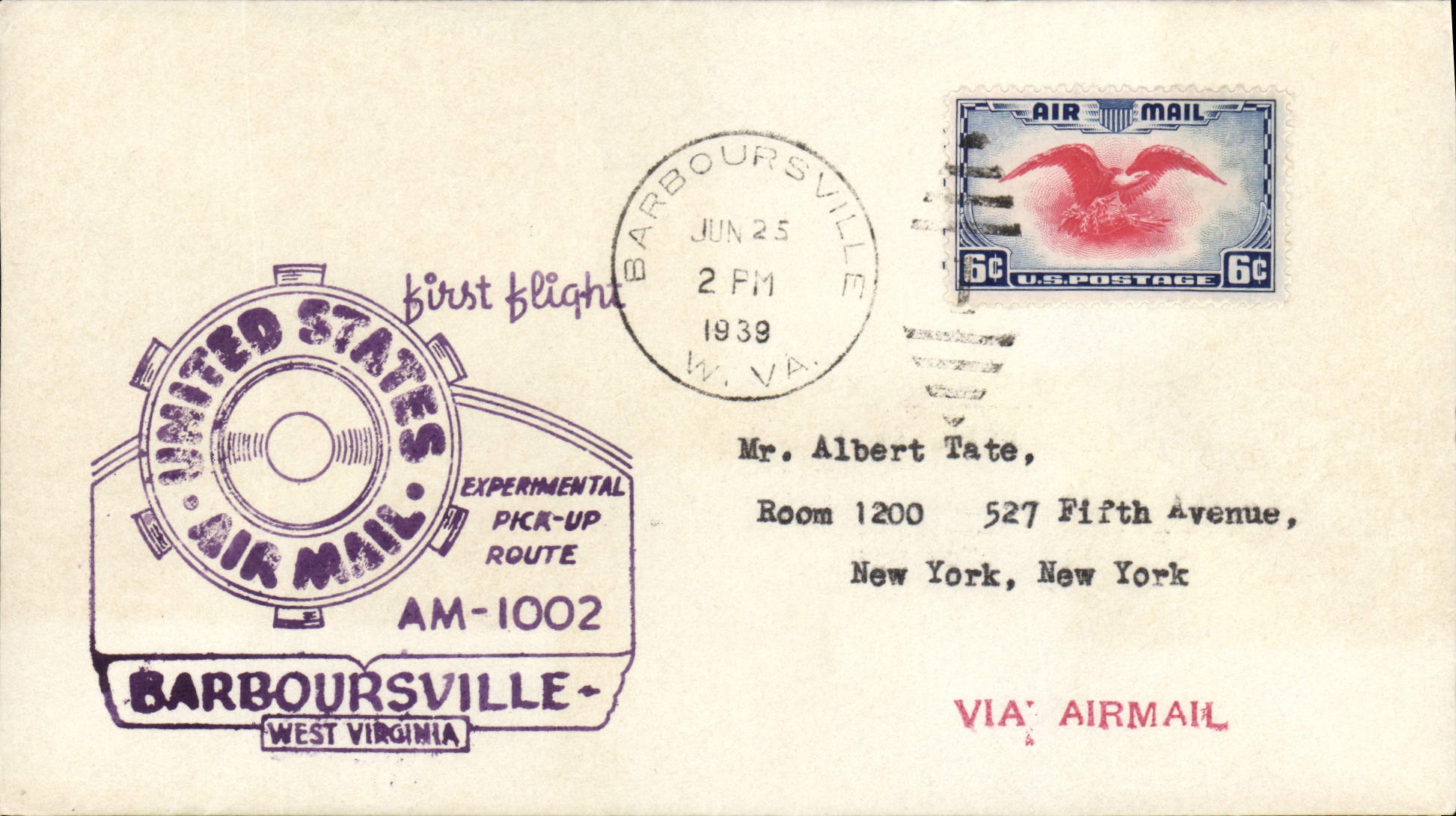 Lettre Etats Unis 1st flight Barboursville 25 6 1939