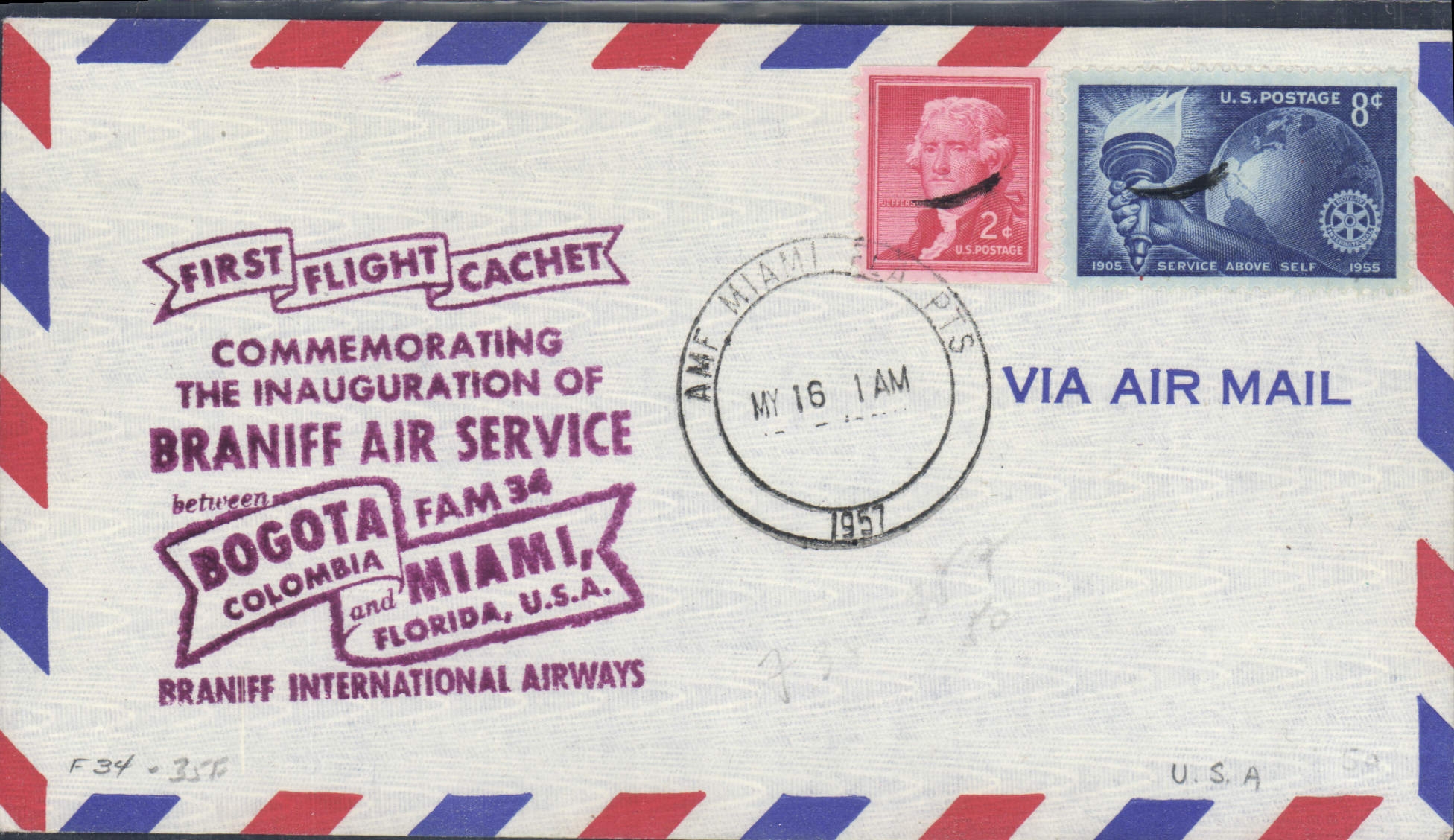 Erste Luftverbindung Bogota-Miami — Gedenkstempel Braniff International Airways — Verlag Braniff International Airways, Nr. F34