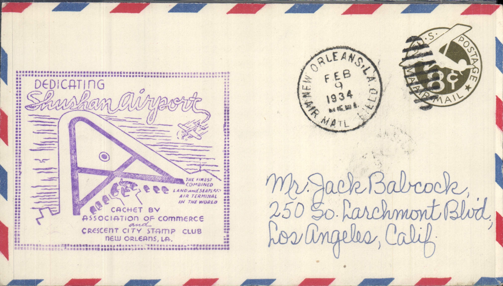 Dédicace de l'aéroport Shushan — New Orleans, LA — cachet de l'Association of Commerce et Crescent City Stamp Club