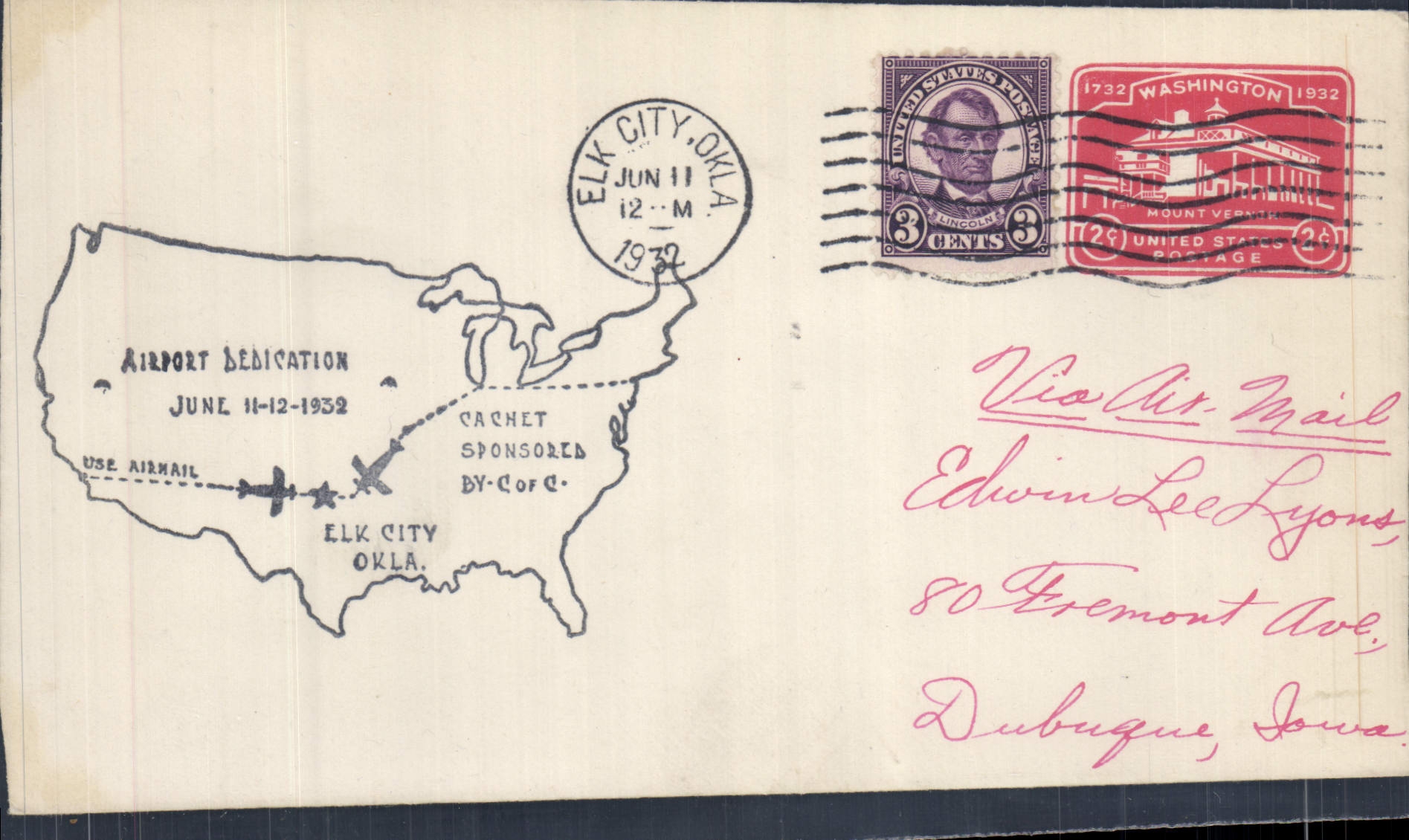 Lettre Etats Unis Airport Dedication 11 6 1932 Elk City Okla