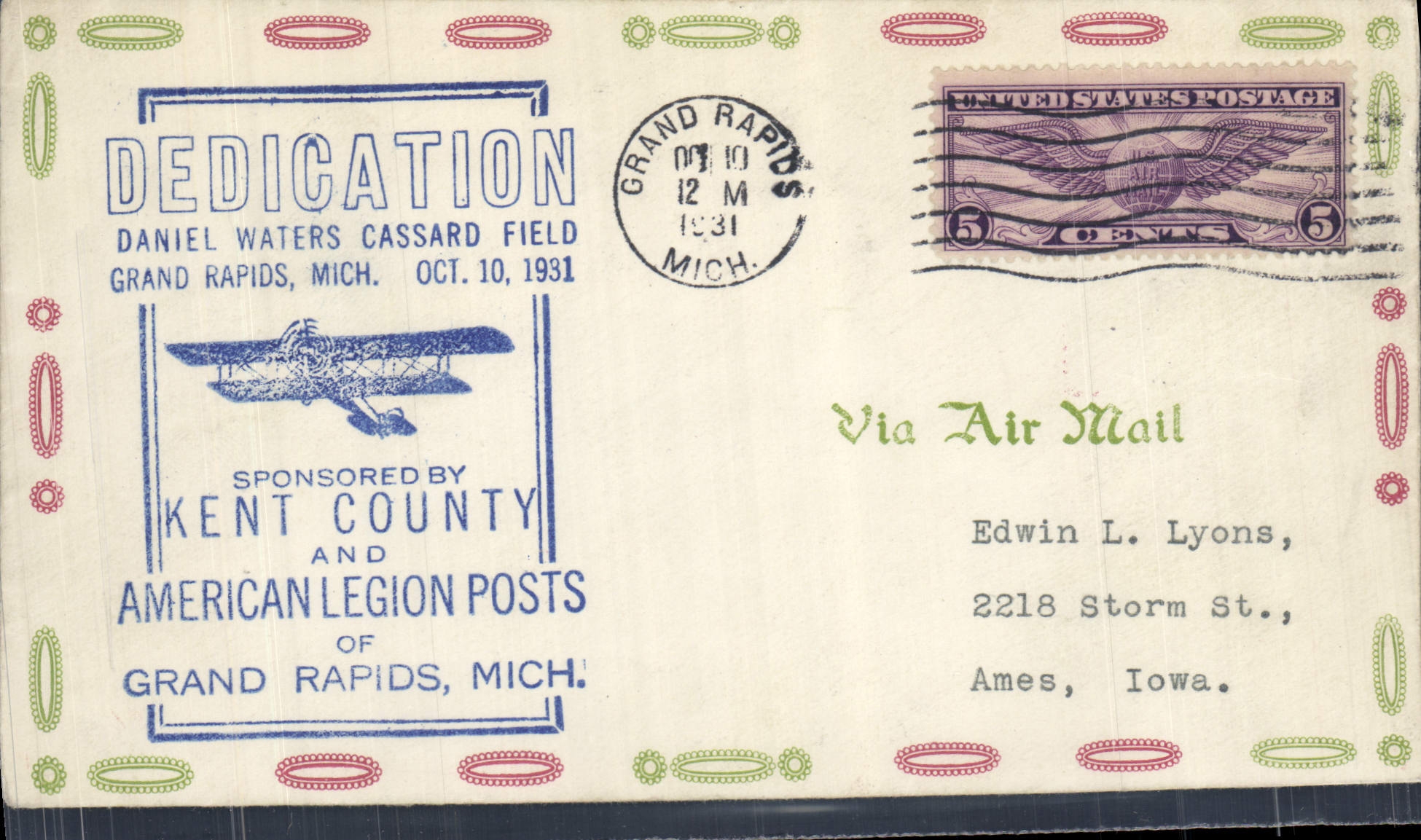 Dedikation des Daniel Waters Cassard Feldes — Grand Rapids, Mich. — unbekannter Verlag, Seriennummer nicht sichtbar