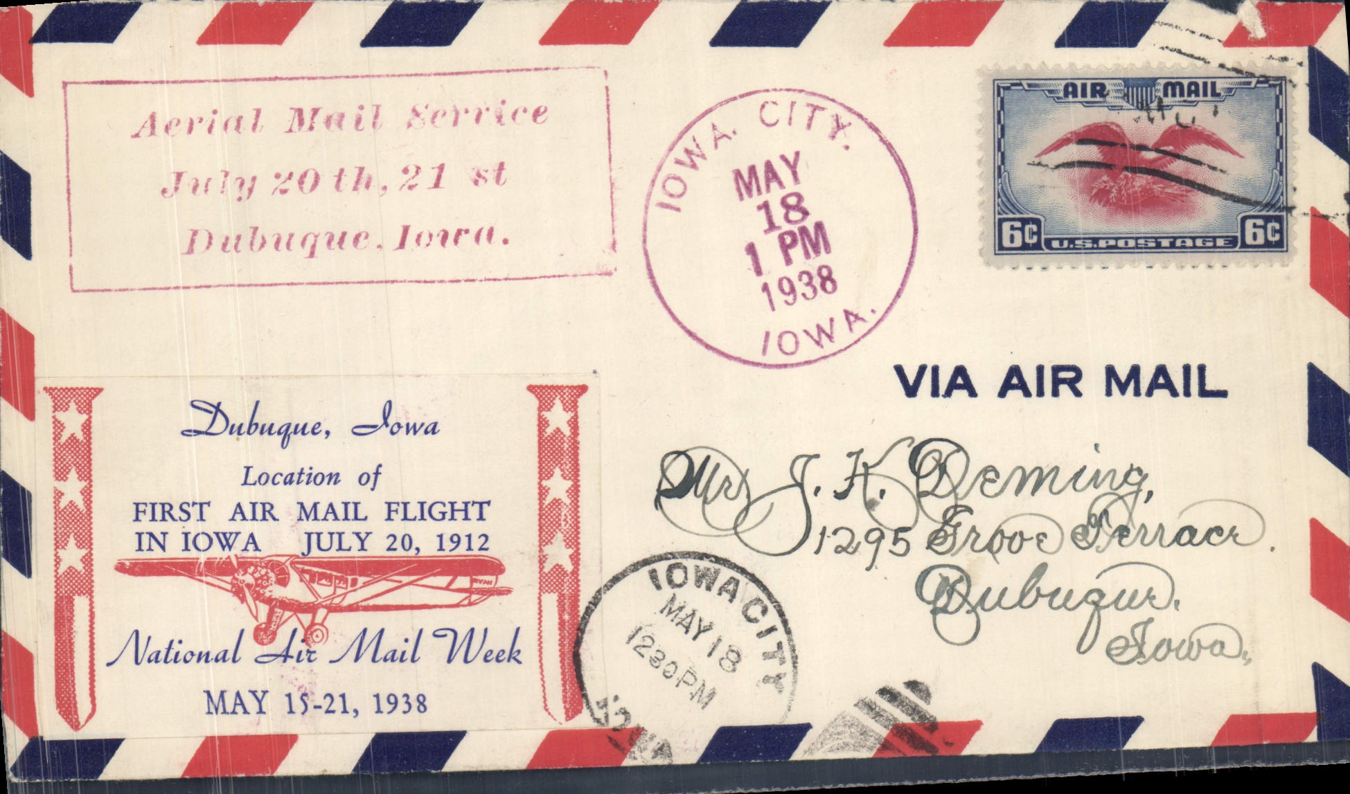 Dubuque, Iowa — Première vol aérien postal en Iowa — National Air Mail Week 1938