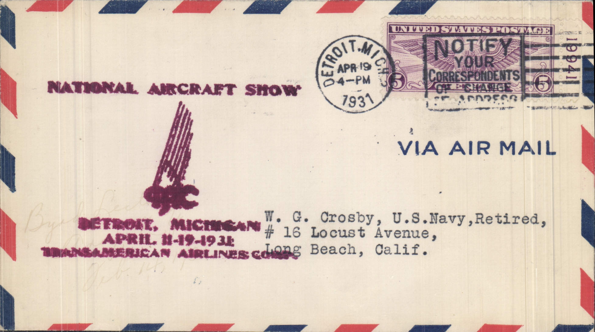 Lettre Etats Unis Detroit Michigan 11 4 1931 Transamerican Airlines 