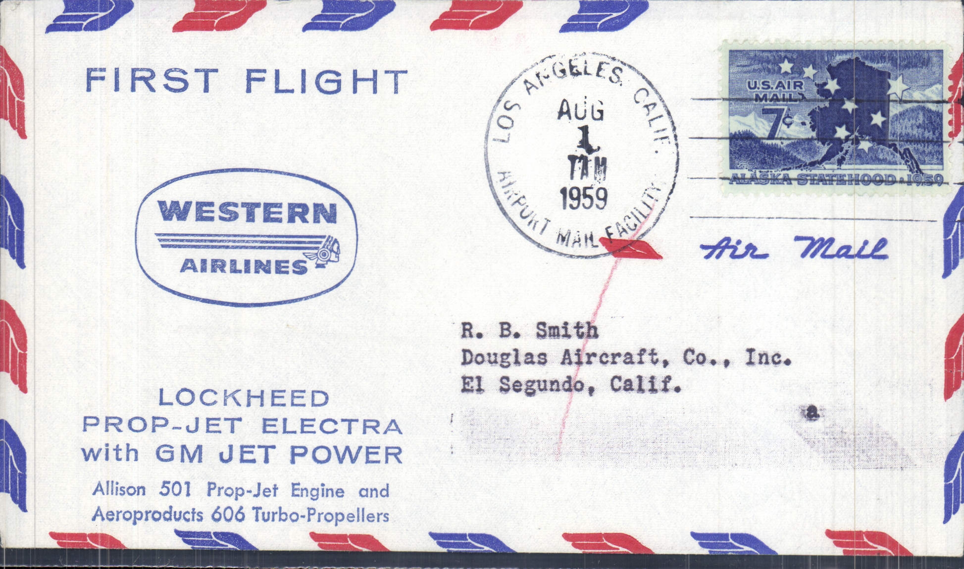 Premier vol — Lockheed Electra avec moteur jet — Western Airlines — Los Angeles, Californie — 1er août 1959