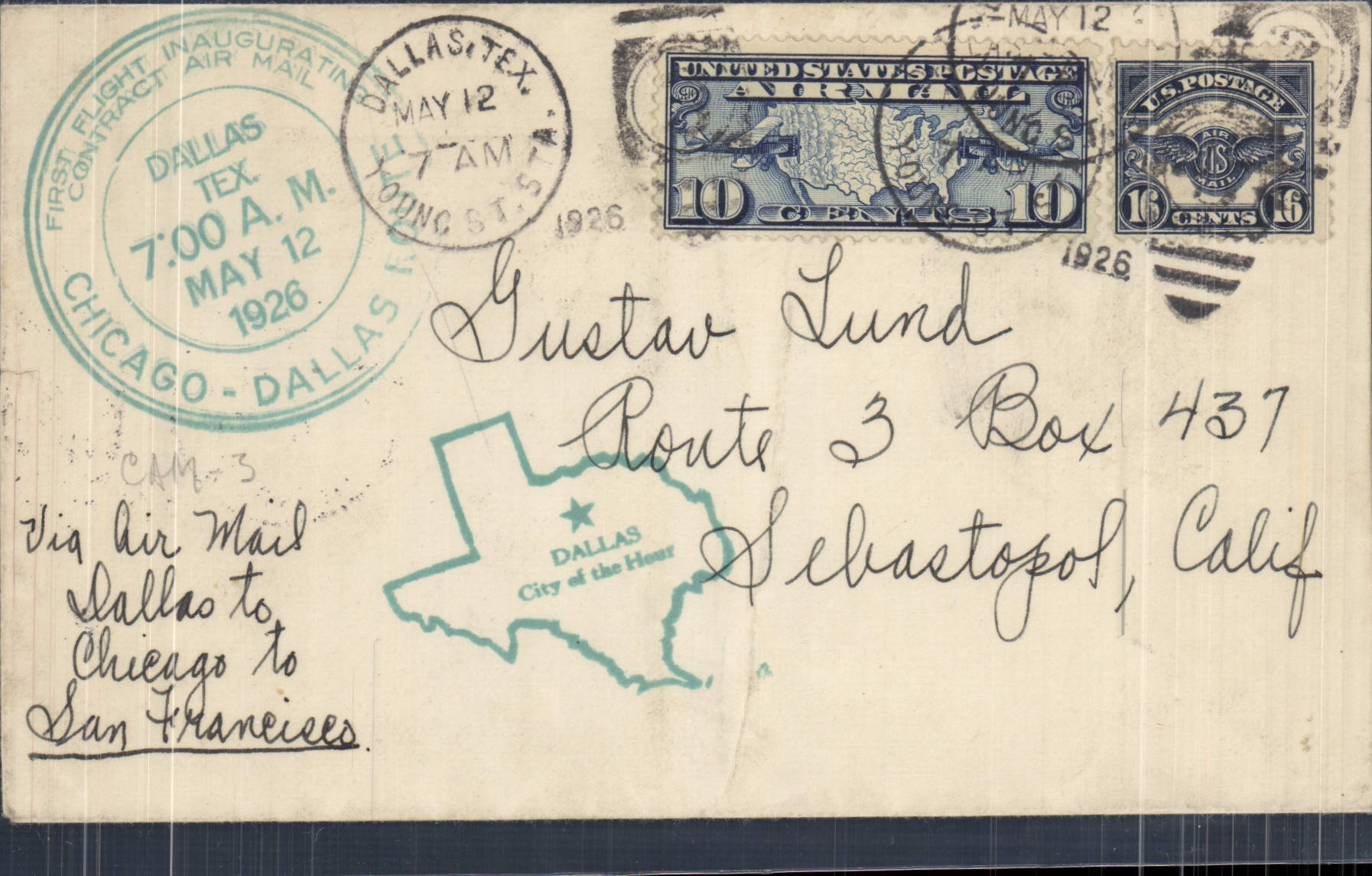 Eerste luchtvaart Dallas-Chicago-San Francisco — Dallas, Texas — 1926