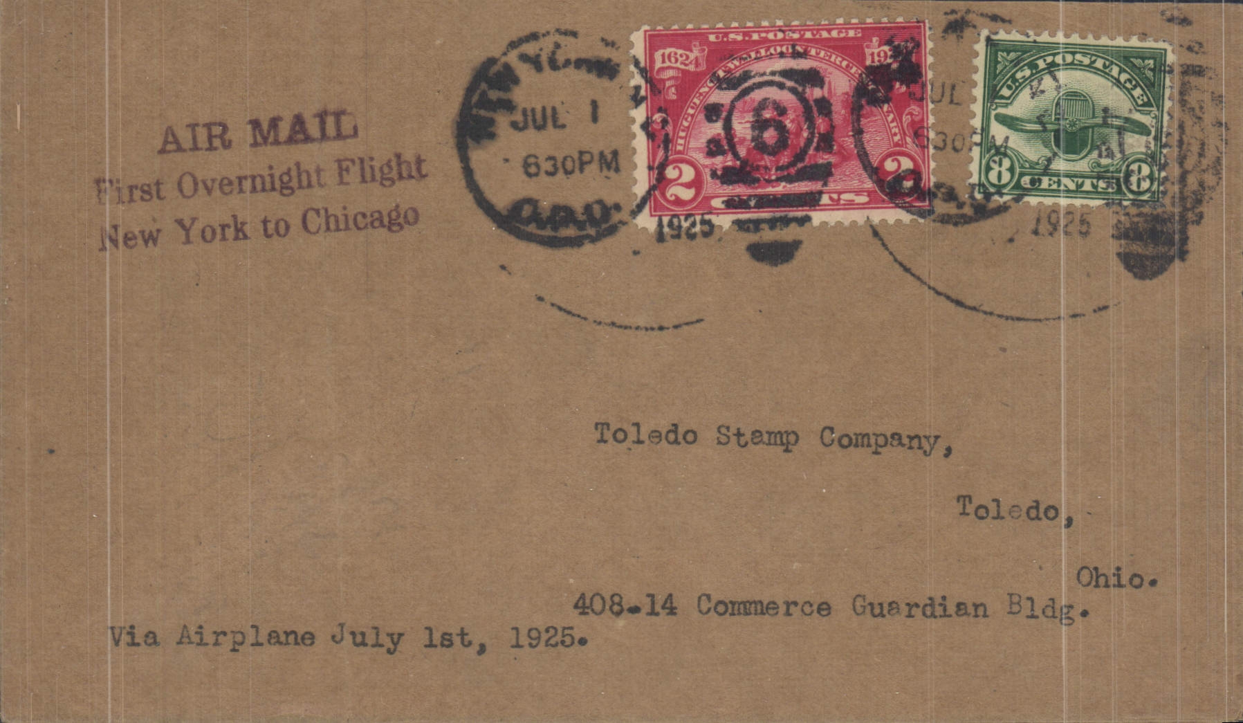 Lettre Etats Unis 1st Flight Overnight New York Chicago 1 7 1925