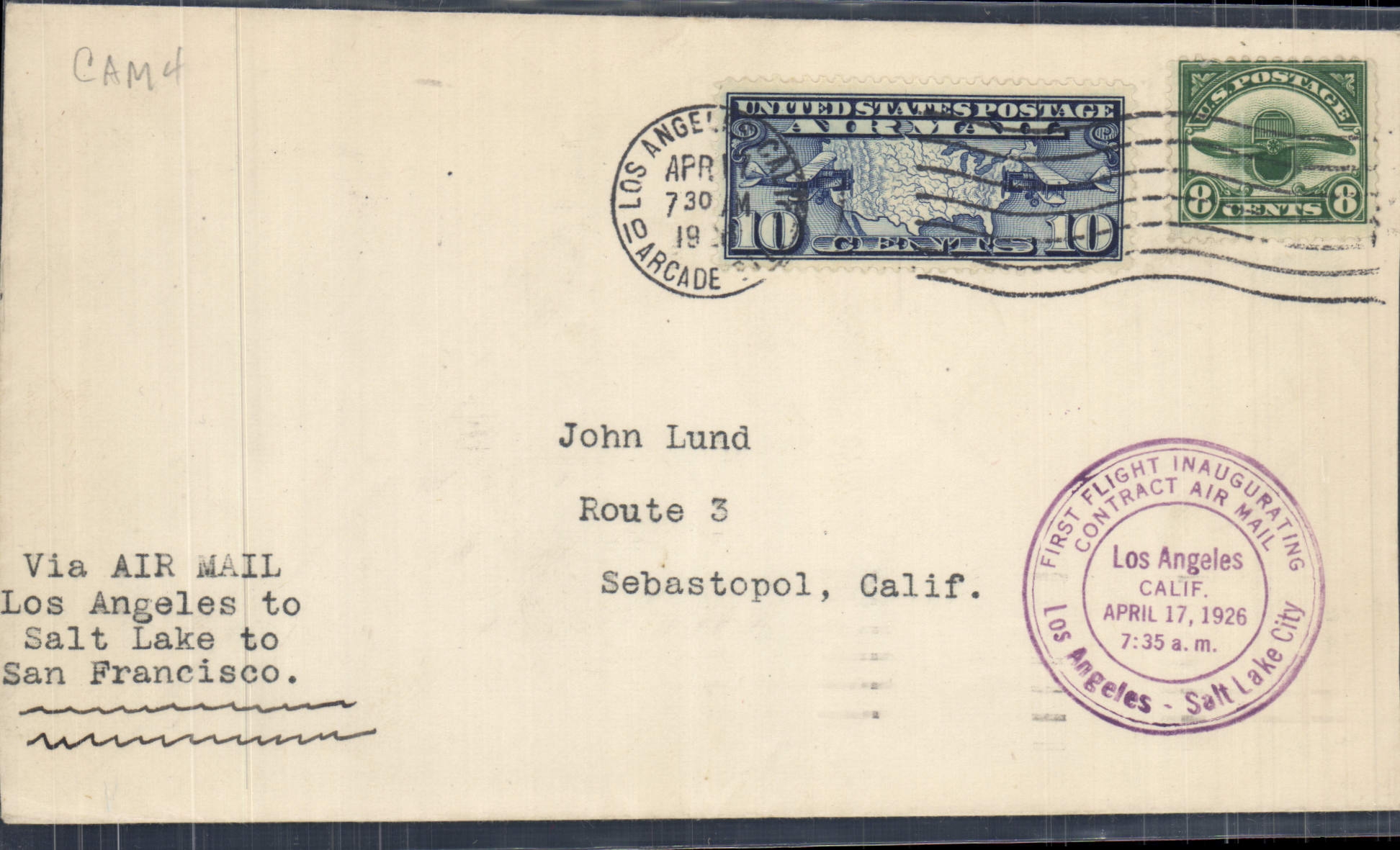 Première vol aérien Los Angeles - Salt Lake City — 17 avril 1926 — éditeur : Los Angeles - Salt Lake City