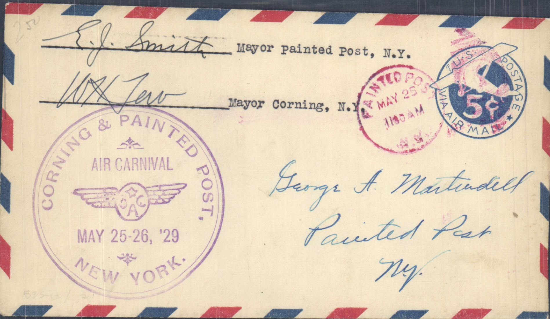 Corning & Painted Post Air Carnival — Mayor's Air Mail Cover — Corning, N.Y. — 1929