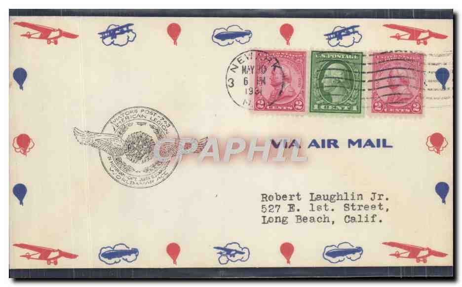 Aéropostale — 3 francobolli USA — New York, 6 maggio 1936 — via Air Mail