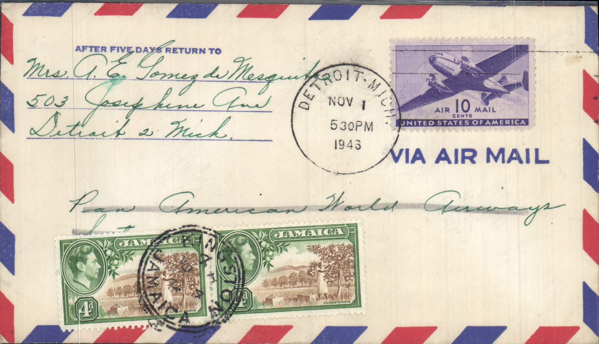 Detroit — Jamaika — Luftbrief über Pan American World Airways — 1943
