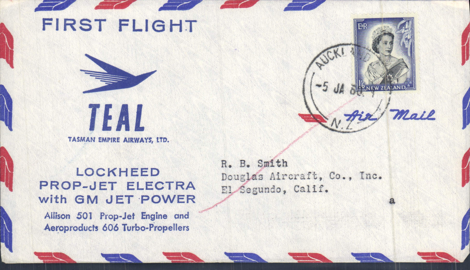 Lettre Etats Unis 1st Flight Lockheed Prop Jet Electra GM Jet Power Auckland 5 1 1960
