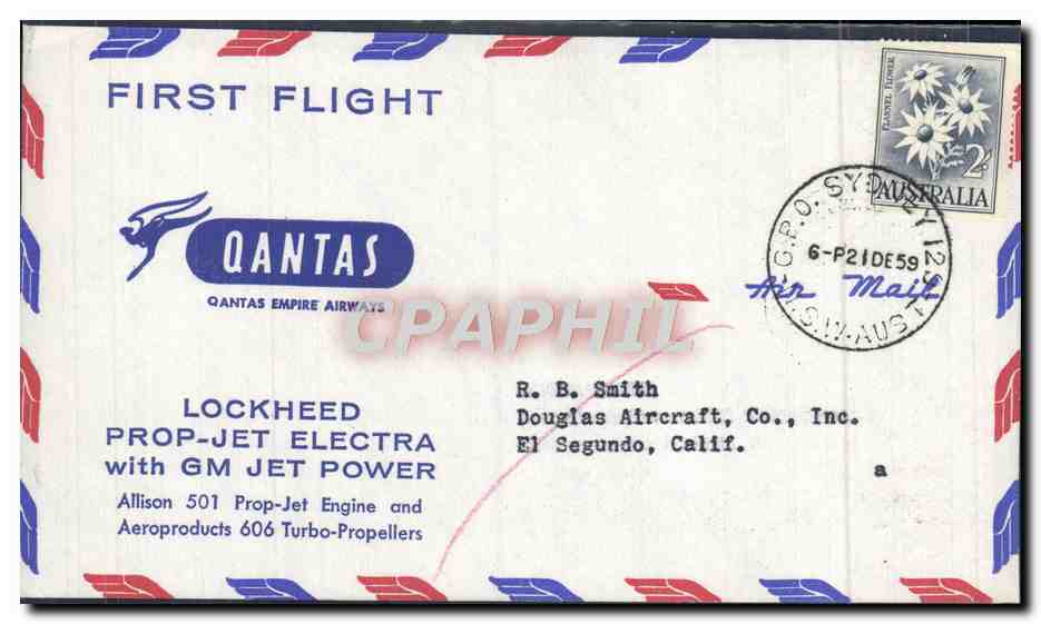 Premier vol — Qantas Empire Airways — Lockheed Prop-Jet Electra avec moteur GM Jet — éditeur non visible