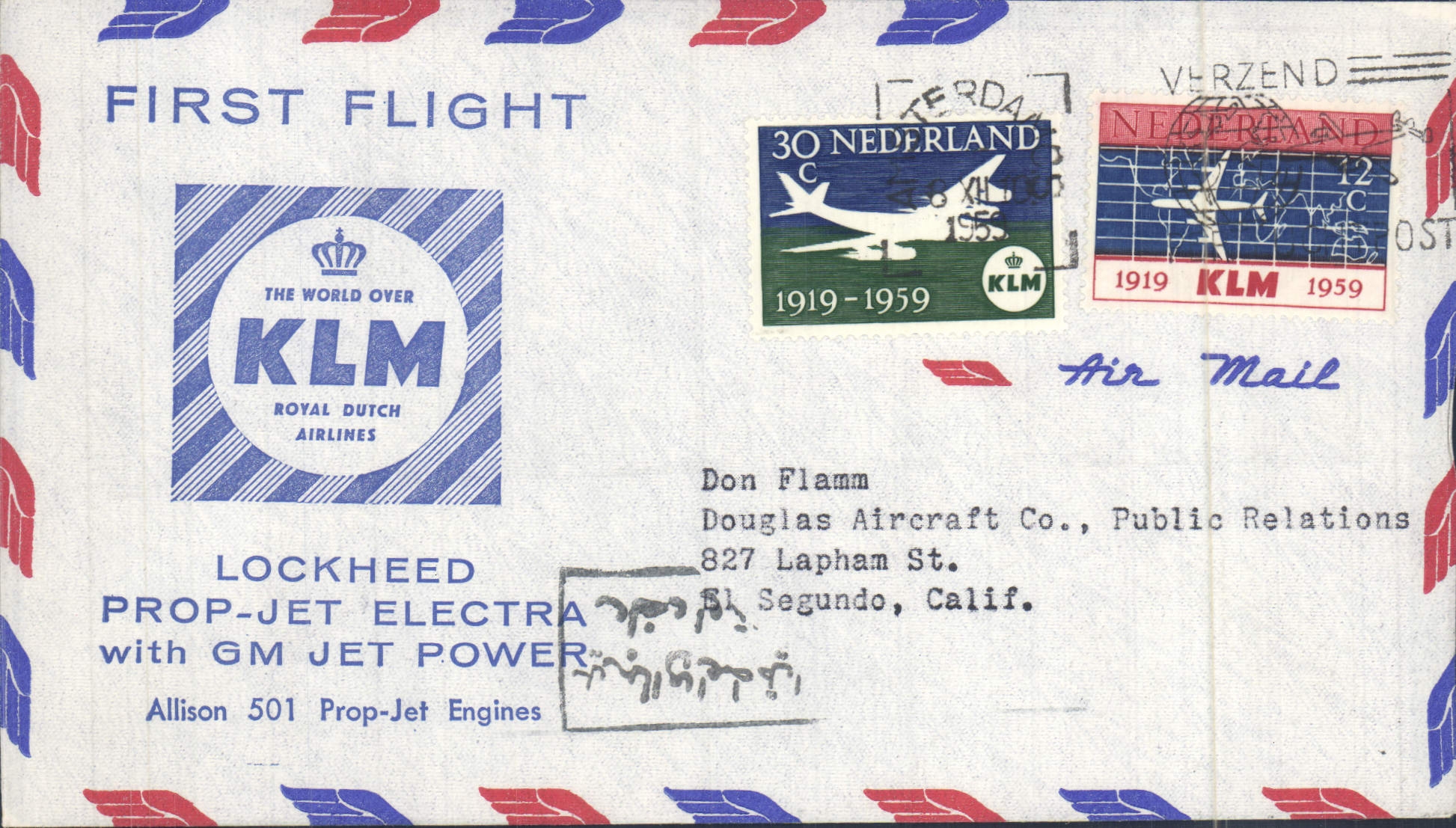 Lettre Etats Unis 1st Flight Lockheed Prop Jet Electra GM Jet Power Pays Bas El Segundo 9 12 1959