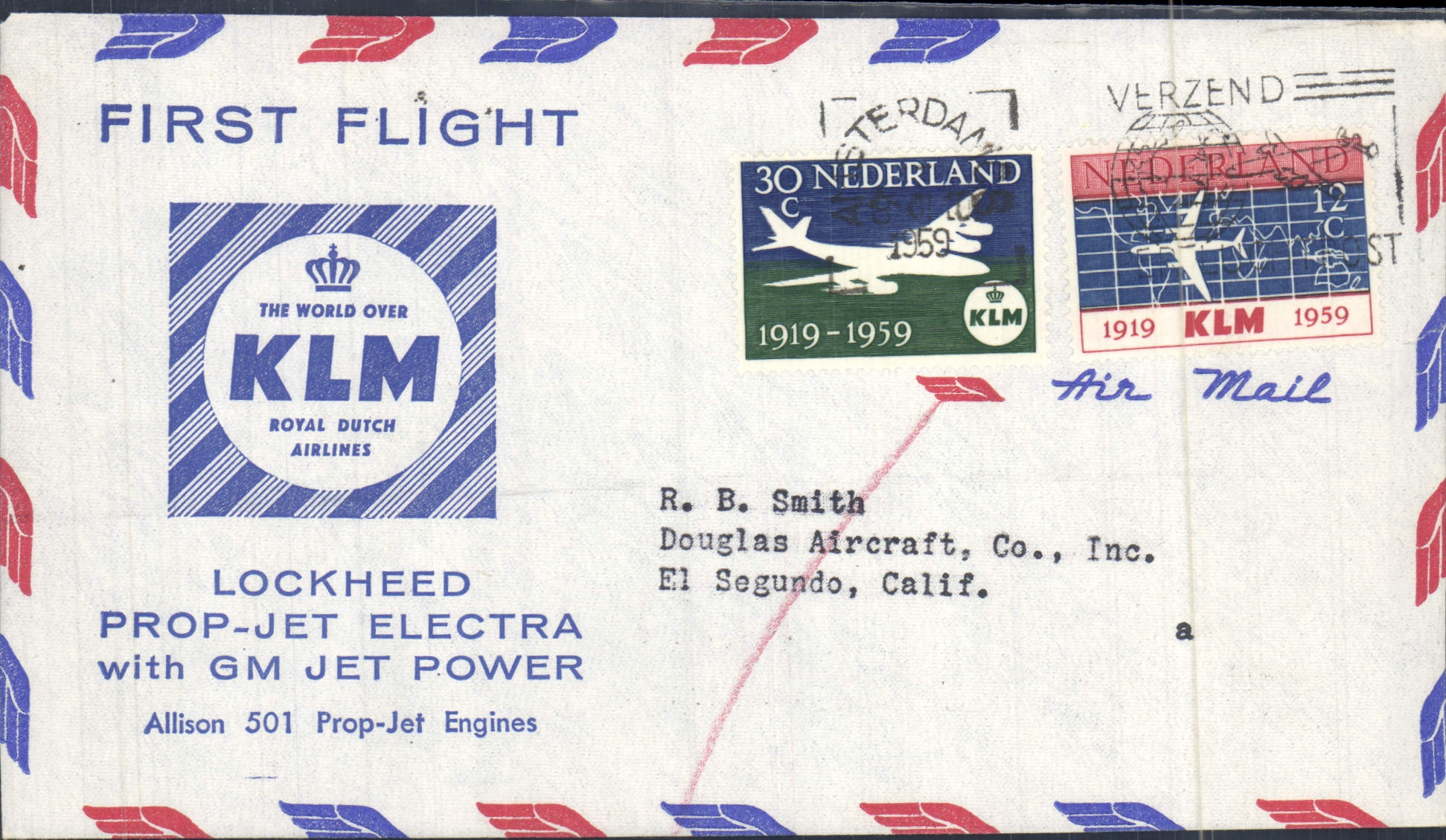 Lettre Etats Unis 1st Flight Lockheed Prop Jet Electra GM Jet Power Pays Bas El Segundo 9 12 1959