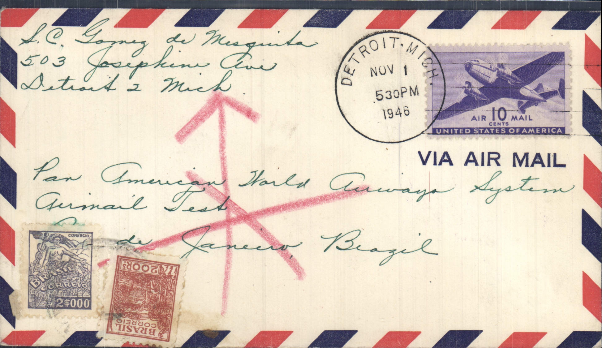 Amerikanische Luftpostbriefhülse — Detroit, Michigan — 1. November 1946 — via American Airlines