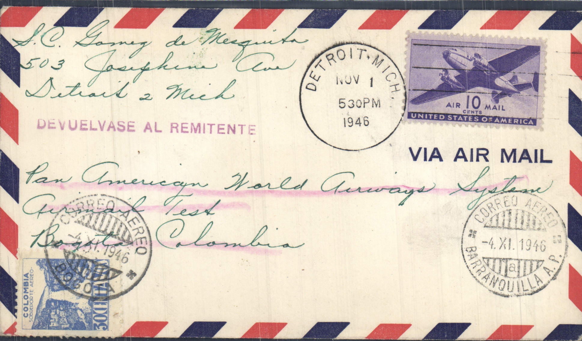 Detroit — Luchttest Pan American World Airways — 1946
