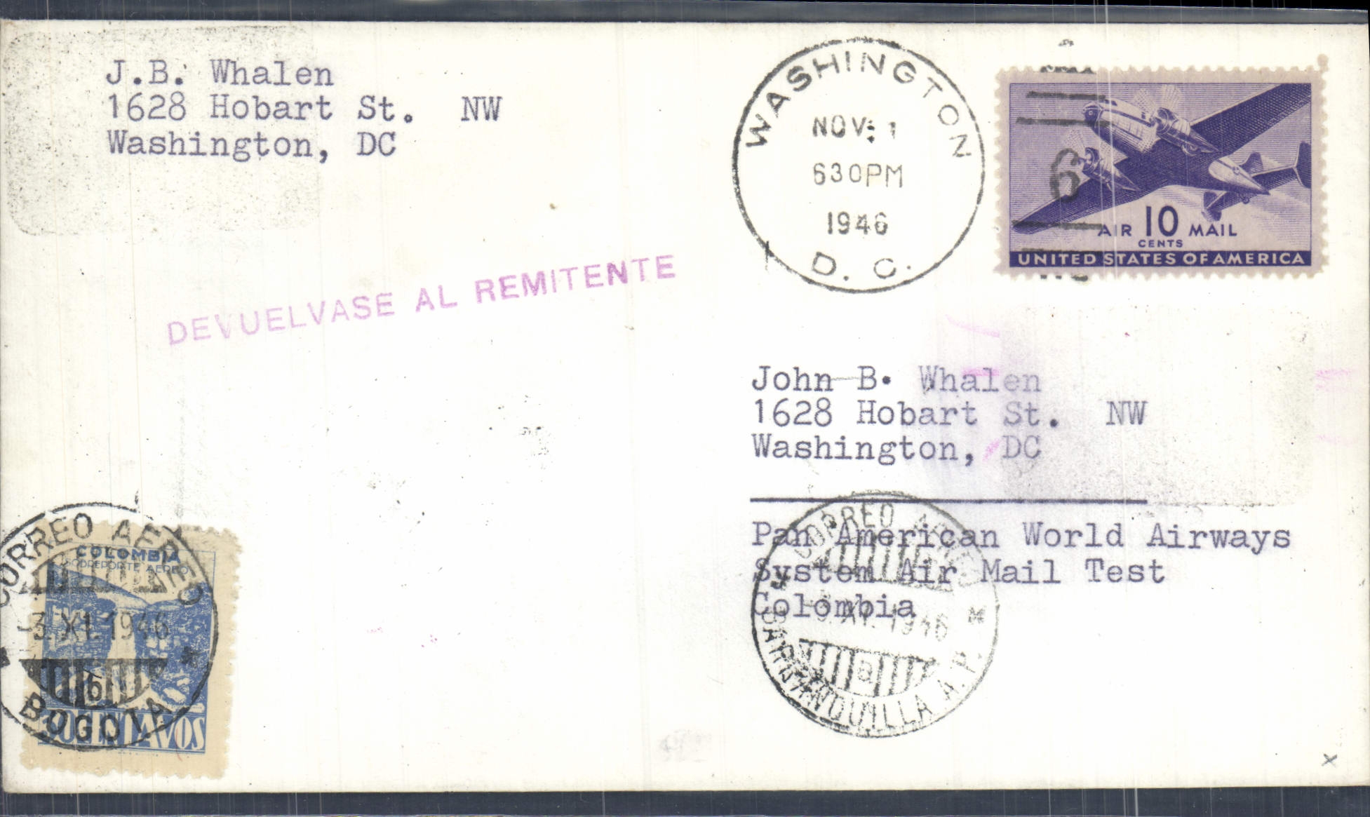 Lettre Etats Unis Washington to Colombia 1 11 1946