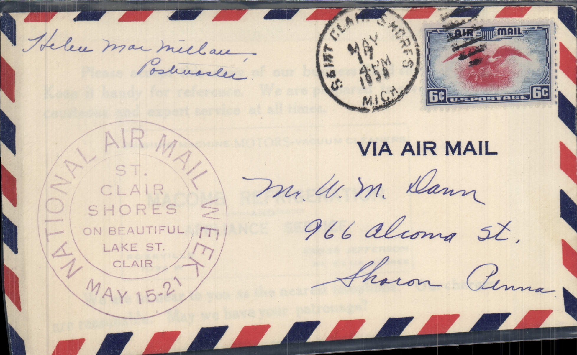 St. Clair Shores — National Air Mail Week — U.S. Postage 6c
