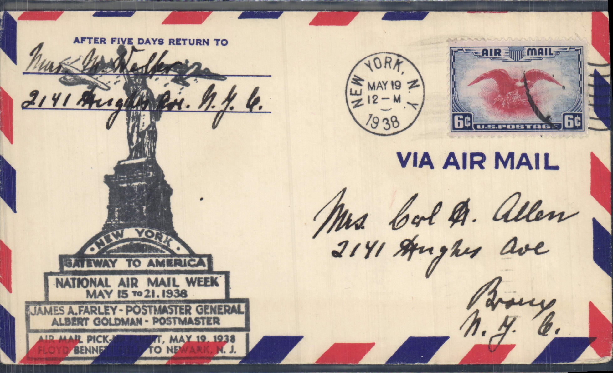 Statue de la Liberté — Gateway to America — National Air Mail Week — New York, 1938
